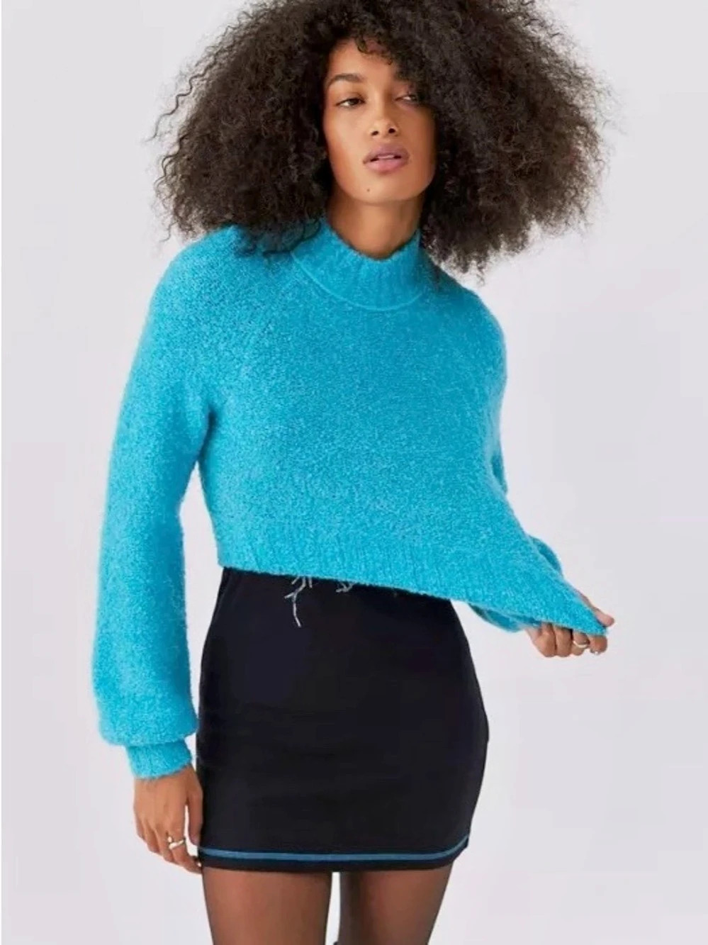 NWT Urban Outfitters Avril Cropped Mock Neck Sweater Teal Blue Soft Fall XS